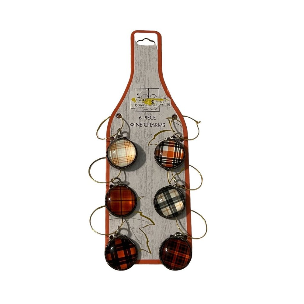Harvest Deco 6 Piece Wine Charms Plaid Circle Charms NEW